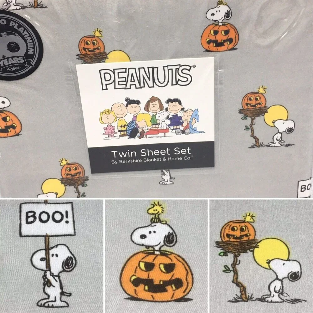 3pc Berkshire Peanuts Halloween TWIN Sheet Set Snoopy Woodstock Pumpkin Boo NEW